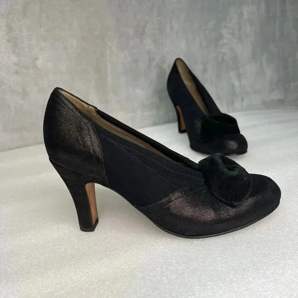 ANYI LU Hand Made Italy Heels Black Fabric Metallic Leather Bow Detail Formal 9